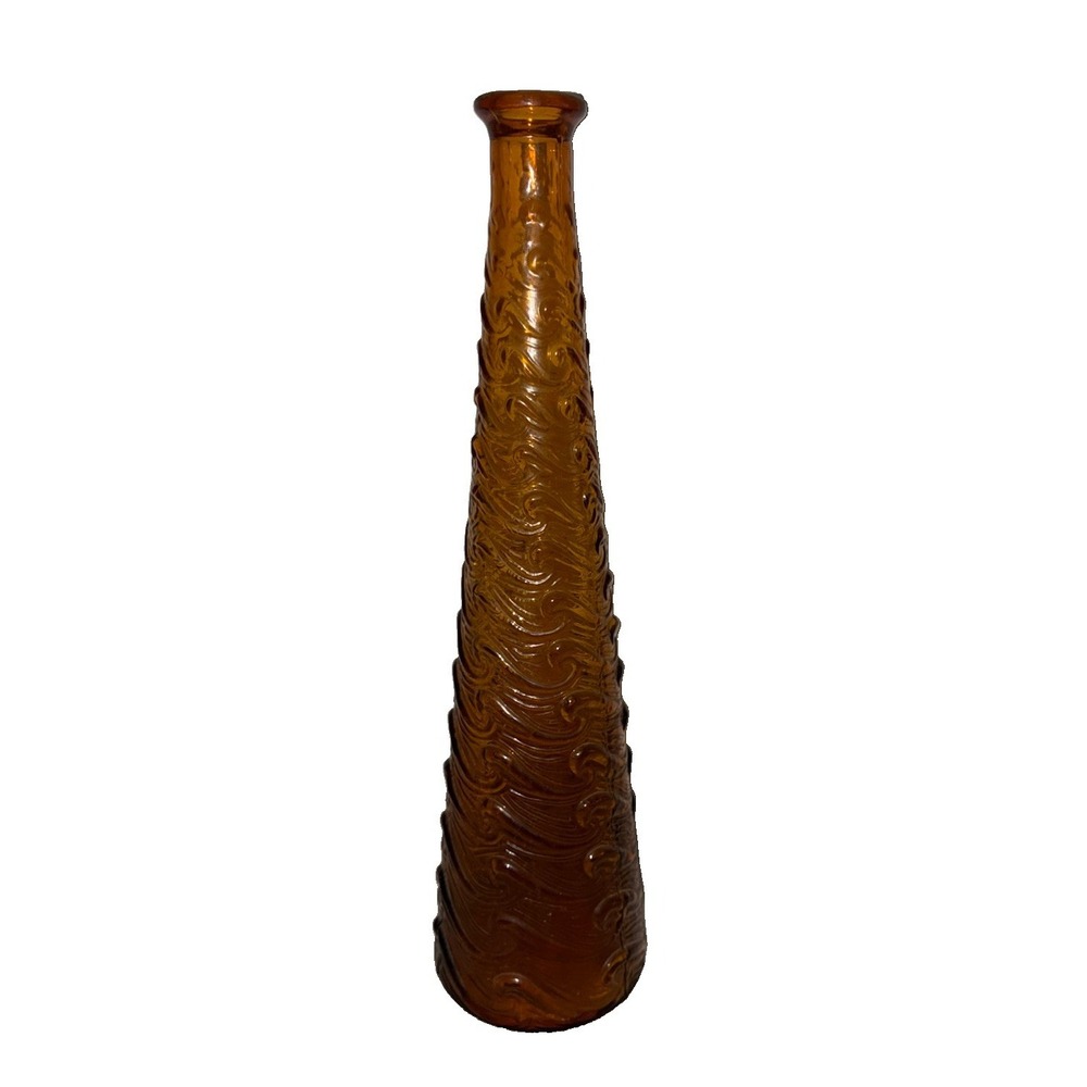 Vintage Empoli Amber Glass Genie Bottle Decanter Wave Made In Italy 15.5"